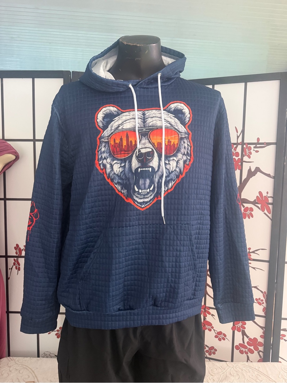Men's Navy Crewneck Hoodie with Sunglasses Bear Graphic